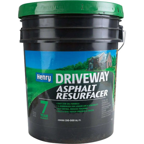 Black Driveway Sealer 5 Gallon With 7 Year Warranty Durable Asphalt Sealant in a black container with green lid.