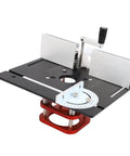 Shop Ready Router Table Base With 51mm Stroke Manual Lift For 64 To 66mm Motors with adjustable aluminum face and red base.