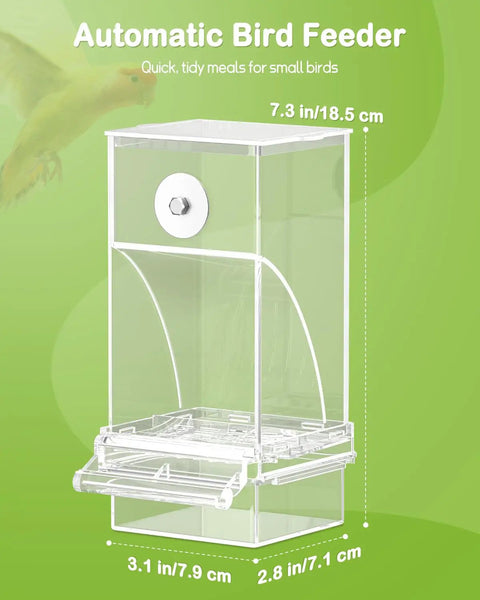 Clear Acrylic Automatic Bird Cage Feeder For Parakeets Budgies And Small Birds, No Mess Seed Dispenser 3.1x2.8x7.3 inches.