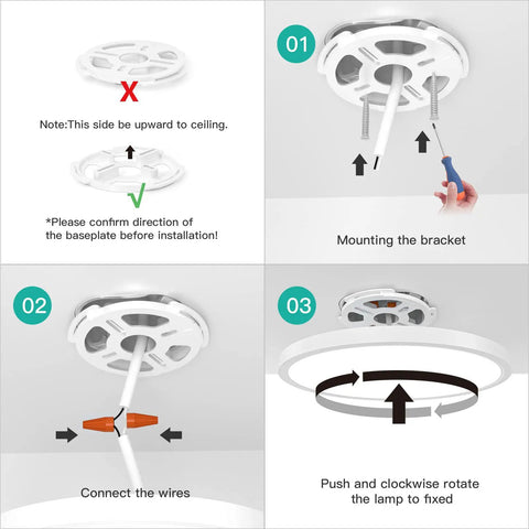 Installation steps for Flush Mount Ceiling Light Fixture With Remote Control, mounting bracket, wiring, lamp fixation