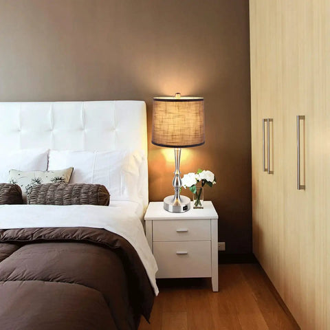 Bedroom view with one lamp from Set of 2 24.8 Inch Modern Table Lamps for Bedroom with Dual USB Charging Ports and 3 Way Dimmable Touch Control