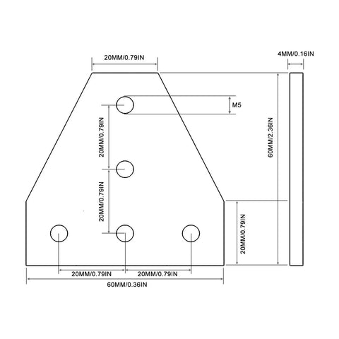 Technical drawing of a corner plate from the 2020 Aluminum Extrusion Connector Bracket Set With 8 Corner Plates One M3 Wrench Forty M5 T Slot Nuts And Forty M5x8mm Hex Socket Cap Screws For 2020 Series Aluminum Profiles And Pro Grade DIY 3D Printer Builds