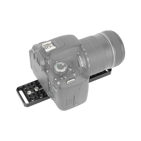Rugged 8 Inch Cheese Camera Mounting Plate Built From Durable Aluminum With Rock Solid Threads And Quick Drop In Setup For Killer Videos You Sure Will Dig, with mounted DSLR camera.