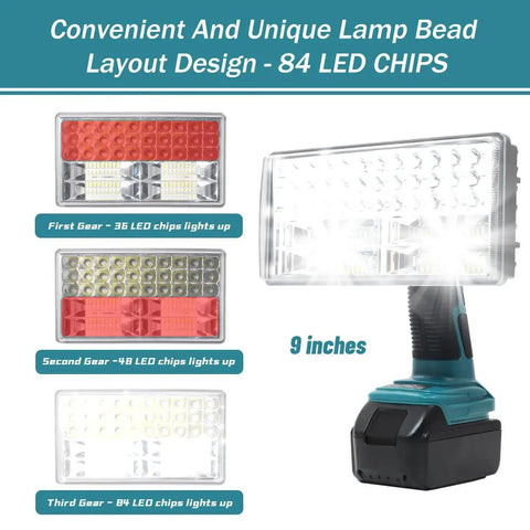 Cordless Spotlight Work Light For Makita 18V Battery, 40W 4200LM LED Beam with 84 LED chips, 9-inch size description.