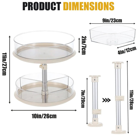 Dimensions of 2 Tier Lazy Susan Turntable Organizer For Medicine Cabinet And Kitchen Countertop, 11 Inch Clear Rotating Spice Rack With 3 Dividers Per Tray, 360 Degree Spin.