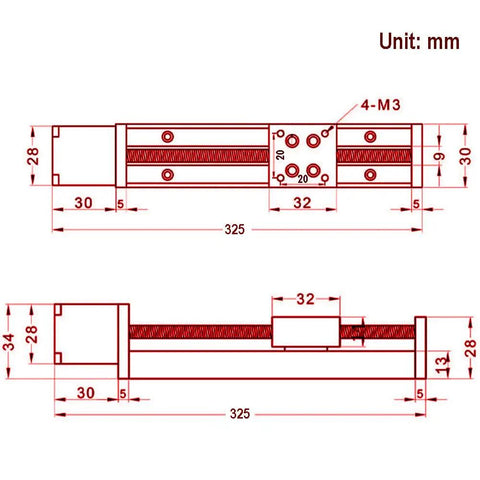 Technical drawing of Slick Mini Linear Rail Guide Slide Actuator 250mm Stroke With T6x1 Lead Screw And NEMA 11 Stepper Motor.