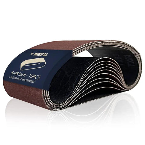 Ten Pack 6 By 48 Inch Aluminum Oxide Sanding Belts Set With Open Coat Antistatic Washable Resin Additive For Reduced Loading Includes Grits 80 120