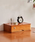Locking Wooden Desk Storage Box With Multi Tier Drawers For Office Gear on tabletop with clock and decor