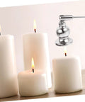 Christmas Metal Candle Fire Extinguisher Cap With Long Handle, Effortless Tealight Snuffer above white candles burning