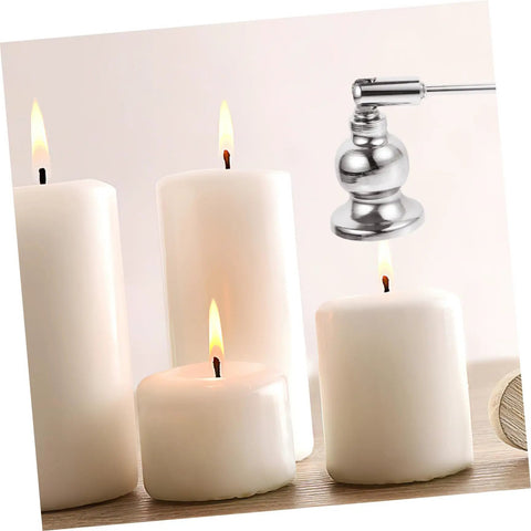 Christmas Metal Candle Fire Extinguisher Cap With Long Handle, Effortless Tealight Snuffer above white candles burning