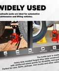VONLX Torin hydraulic bottle jack with carrying case; red portable automotive jack lifting a vehicle.