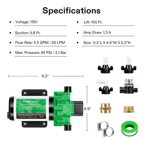 Diaphragm Water Pressure Pump 115V, 4 GPM At 45 PSI With 100 Ft Lift, Half Inch MNPT, Built In Strainer, product specifications
