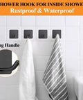 Heavy Duty Adhesive Towel Hooks No Drill Wall Hangers Stick On Shower Hooks For Bathroom Kitchen Door Black 4 Pack Holds Up To 15 Lbs Stainless Steel Rust Resistant Surface Safe Quick Install mounted on shower tiles