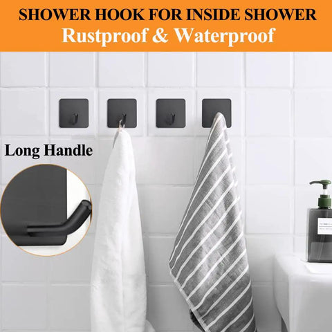 Heavy Duty Adhesive Towel Hooks No Drill Wall Hangers Stick On Shower Hooks For Bathroom Kitchen Door Black 4 Pack Holds Up To 15 Lbs Stainless Steel Rust Resistant Surface Safe Quick Install mounted on shower tiles