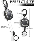 Two-Pack Heavy-Duty Retractable Keychain With Carabiner And 31.5 Inch Wire Rope, shown with dimensions and carbon fiber texture.