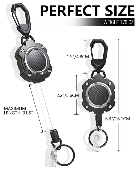 Two-Pack Heavy-Duty Retractable Keychain With Carabiner And 31.5 Inch Wire Rope, shown with dimensions and carbon fiber texture.