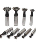 9-piece set of HSS dovetail cutters with 45° heads and metal shanks