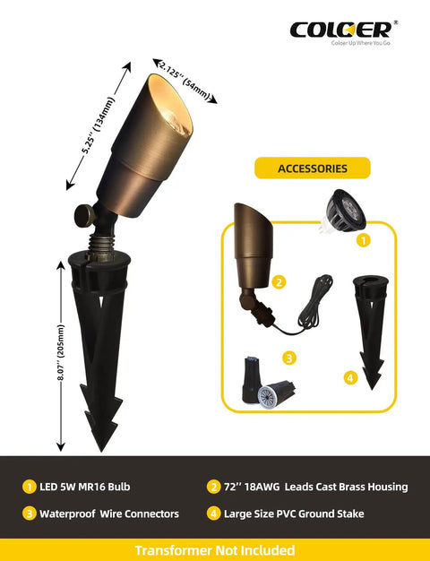 Brass Landscape Spotlights 6 Pack For Outdoor Uplights With 5W MR16 LED 2700K Warm Glow, shown with accessories and dimensions.