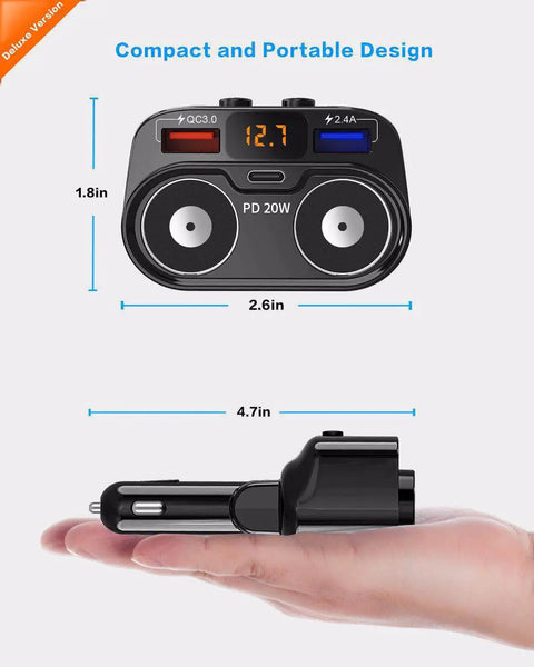Dual Cigarette Lighter Splitter Car Charger With Independent Switches 200W Peak Power USB C PD 3.0 in hand showing dimensions.