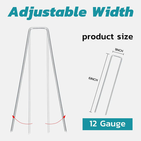 6 Inch Landscape Staples 50 Pack Galvanized Garden Stakes For Lawn Sod Weed Barrier Fabric Soaker Hose And Outdoor Decor Rust Resistant Durable For Secure Landscaping Projects product size diagram with adjustable width and 12 gauge steel