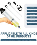 Heavy Duty Automotive Fluid Extractor Pump 200cc Oil Syringe Transfer Tool with visible level lines for various oils.