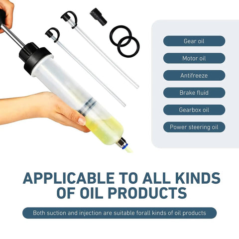 Heavy Duty Automotive Fluid Extractor Pump 200cc Oil Syringe Transfer Tool with visible level lines for various oils.