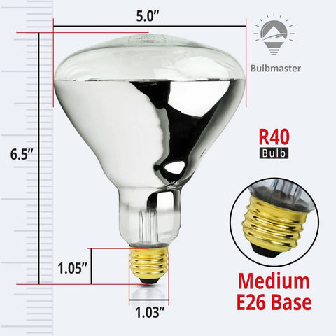 250 Watt Red Infrared R40 Heat Lamp Bulb For Bathroom Showers, E26 Base, Clear Radiant Heat dimensions and E26 base details