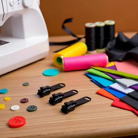 12 Piece Black Zipper Repair Kit With Removable Sliders For Quick Fix On Clothes, Backpacks And Jackets on sewing table