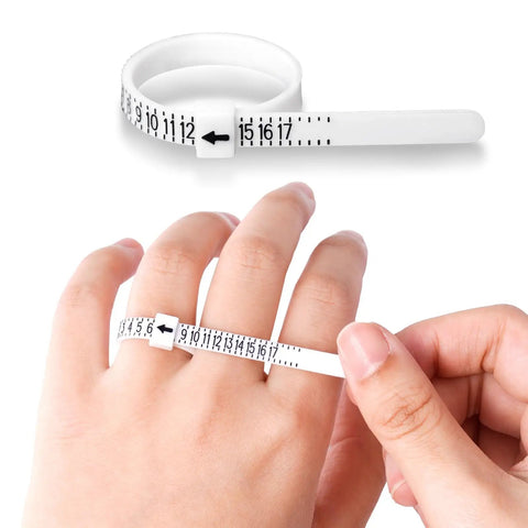 Pro Grade Ring Sizer Tool Set For Jewelry Making, silvery metal gauge measuring a finger, showing US size 7.