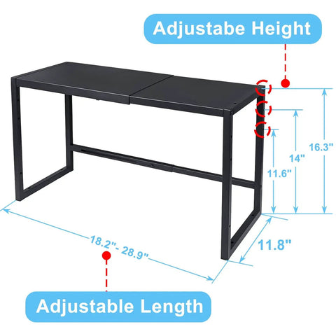 Expandable 110 Lbs Heavy Duty Metal Shelving Unit For Pots N Pans, Microwave And Small Appliances, Adjustable Length From 18.2 To 28.9 Inches With 11.6, 14 Or 16.3 Inch Mounting Heights, Ideal Kitchen Garage Pantry Closet Organization shown with adjustable length and height dimensions.