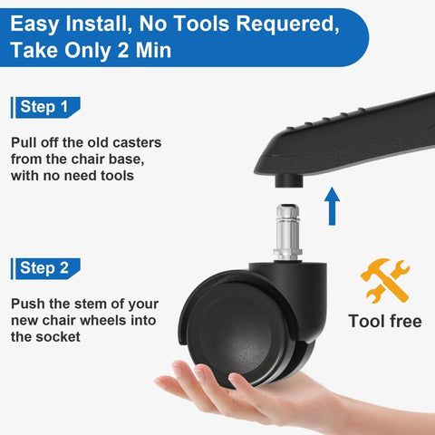 Installation guide for 5 Pack Beefed Up 2 Inch Office Chair Casters Heavy Duty Wheels For Smooth Silent Rolling On Wood Floors Or Carpet.
