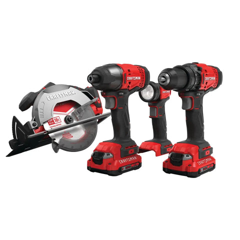 Pro Grade Garage Ready 20v Max Cordless Power Tool Combo with circular saw, impact driver, drill, and LED work light.