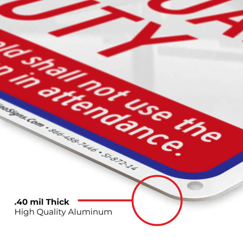 Close-up of No Lifeguard On Duty Pool Sign For Safety, 10x14 Inch Aluminum, Rust Free And Fade Resistant, Indoor Outdoor Pool Warning Sign