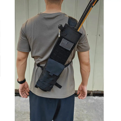 Man wearing Lightweight Back Archery Quiver, Dual Use Foldable Hip Arrows Bag With MOLLE Pocket, black, for target shooting, back view