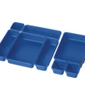 Blue Eight Piece Interlocking Drawer Organizers Set for Home Office Kitchen Storage with modular bins for utensils and more