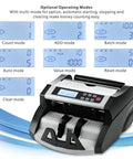 DOMENS Ultraviolet And Magnetic Money Counter Machine For Us Dollars Features Multi Anti-Counterfeit Detection Systems Including Uv Mg Mt Ir And Dd Technologies With Lcd Display Add Value Batch Modes For Accurate Cash Counting Black Grey showing LCD screen with various operating modes.