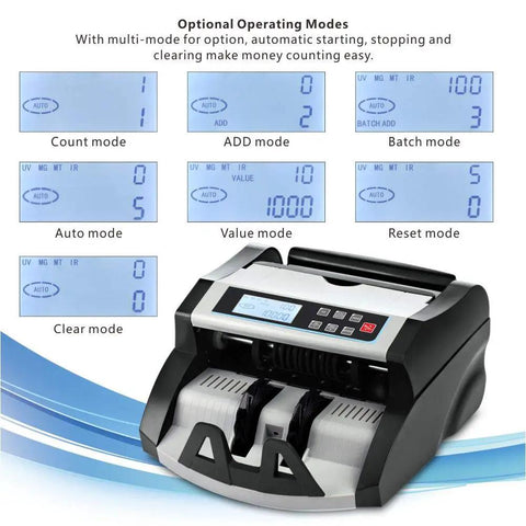 DOMENS Ultraviolet And Magnetic Money Counter Machine For Us Dollars Features Multi Anti-Counterfeit Detection Systems Including Uv Mg Mt Ir And Dd Technologies With Lcd Display Add Value Batch Modes For Accurate Cash Counting Black Grey showing LCD screen with various operating modes.