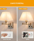 Swing Arm Wall Light With USB Port And Outlet, Plug In Wall Sconce In Nickel Finish, with plug-in and hardwire options