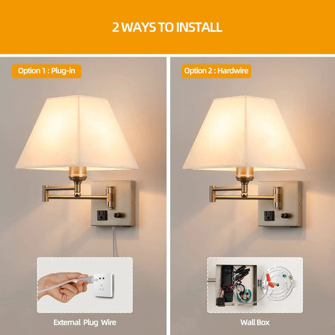 Swing Arm Wall Light With USB Port And Outlet, Plug In Wall Sconce In Nickel Finish, with plug-in and hardwire options