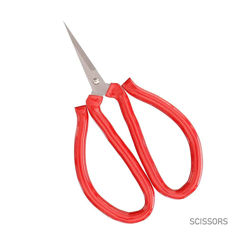 Sharp red-handled scissors from All In One Bonsai Tool Kit With Bonsai 101 Book And Fabric Storage Holder For Easy Bonsai Care