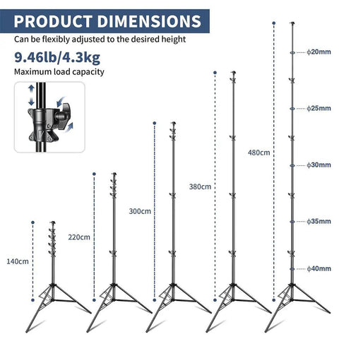 Heavy Duty 15.7ft Air Cushioned Light Stand Tripod With Aluminum Alloy Tubing, 9.46lb Load, height dimensions from 1.4m to 4.8m