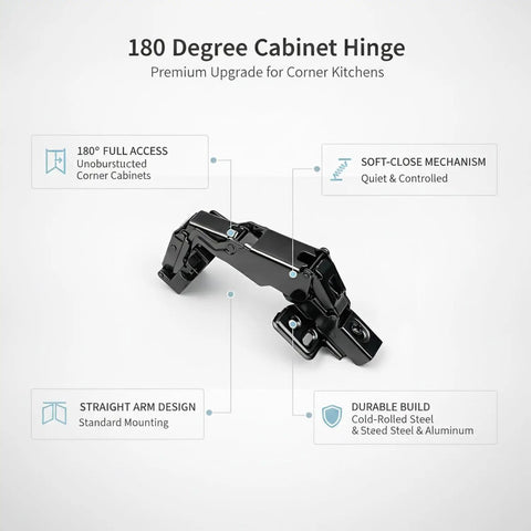180 Degree Straight Arm Cabinet Hinge For Full Overlay Doors With Built In Damping, Heavy Duty Cold Rolled Steel and Aluminum, Black
