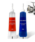 All Purpose Fishing Reel Lubricant Kit 1.35oz with Liquid Oil and Solid Grease, shown with a fishing reel, for all reel types.