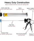 18:1 Manual Sausage Caulking Gun showing aluminum barrel, casting steel parts, and components labeled for 20 oz capacity 2 pack