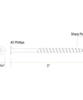 Diagram of a 3-inch No 9 deck screw with coarse thread and bugle head, labeled as #2 Phillips, sharp point, 0.354-inch diameter.
