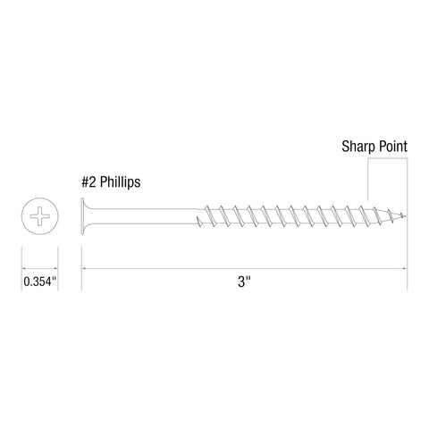 Diagram of a 3-inch No 9 deck screw with coarse thread and bugle head, labeled as #2 Phillips, sharp point, 0.354-inch diameter.