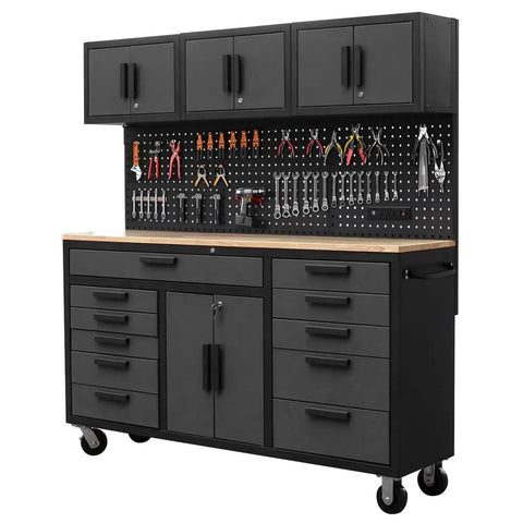 72 Inch Rolling Tool Chest On Wheels With 11 Drawers, Pegboard, Three Upper Cabinets, A Two Door Cabinet, And Built In Power Strip, 18 Inch Deep Wood Top For Massive Garage Workbench And Easy Tool Organization