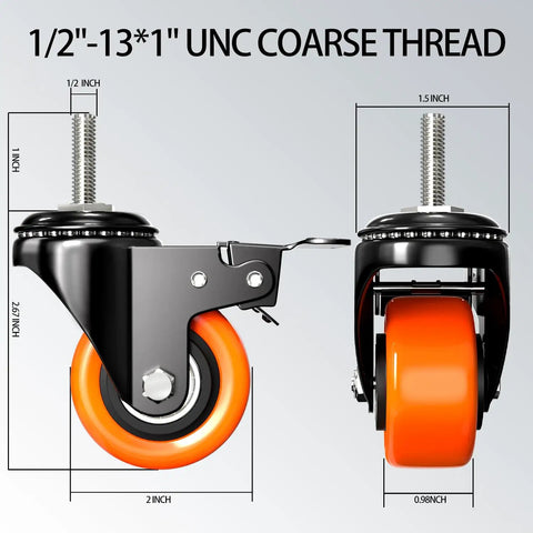 Heavy Duty 2 Inch Swivel Caster Wheels With Half Inch Stem 13 UNC Locking Casters Set Of Four For Cart And Furniture Quiet Industrial Castors Built For Smooth Moves And Easy Maneuvering, 2-inch orange PU wheel