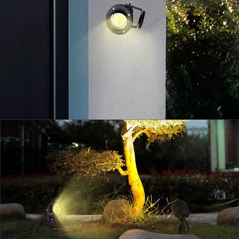 Low Voltage Landscape Spotlight Set 18W Outdoor Waterproof LED Path Lights illuminating a wall and tree, IP65, warm white, aluminum build.