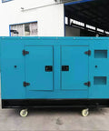 Heavy Duty Container Generator Set Delivering Ultra Rock Solid Backup Electricity For Industrial Power Stations On Large Scale Construction And Commercial Job Sites in blue housing with wheels.